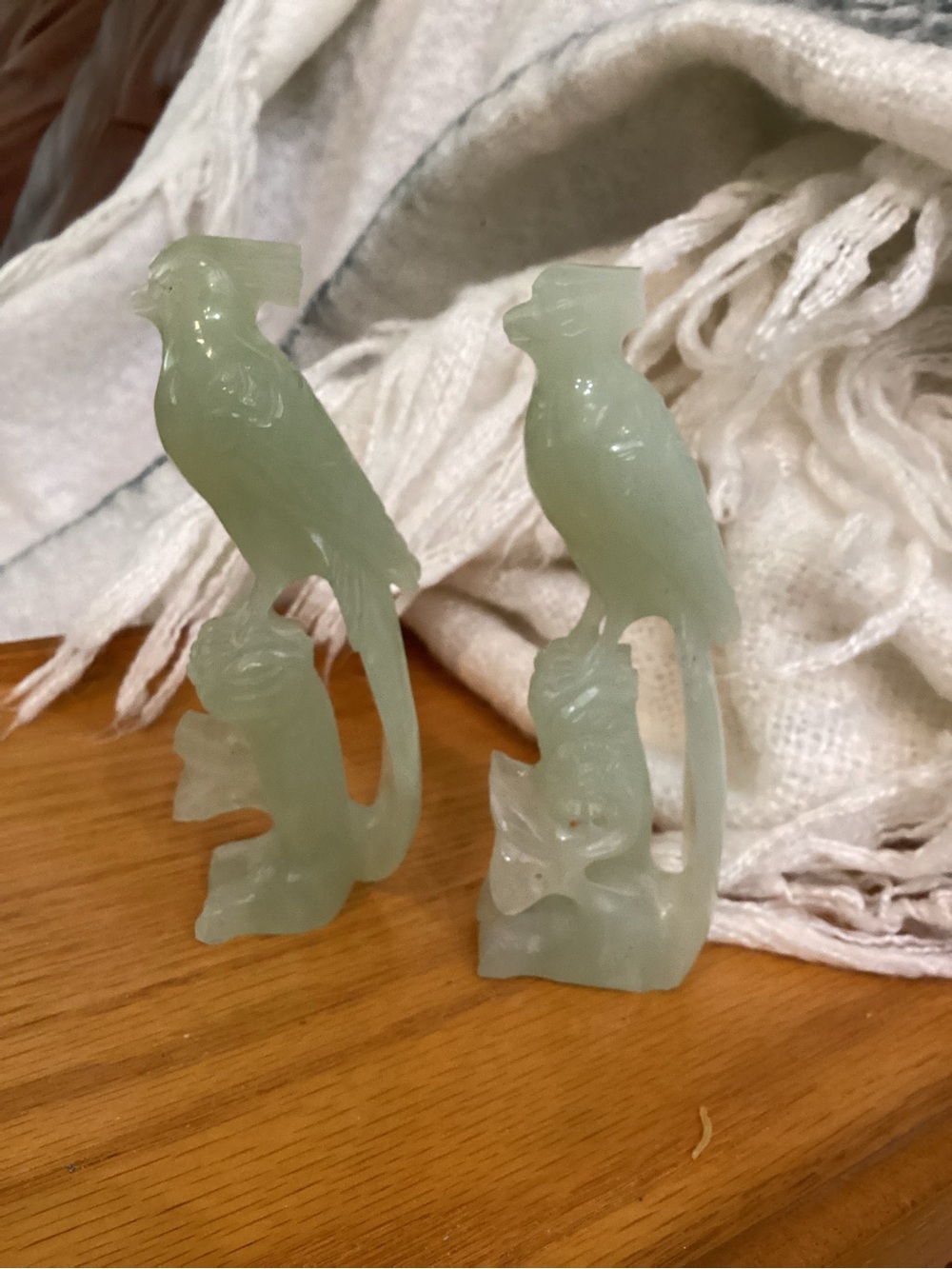 Carved Jade-Look Parrot Figurines -Have Damage on Head Feathers